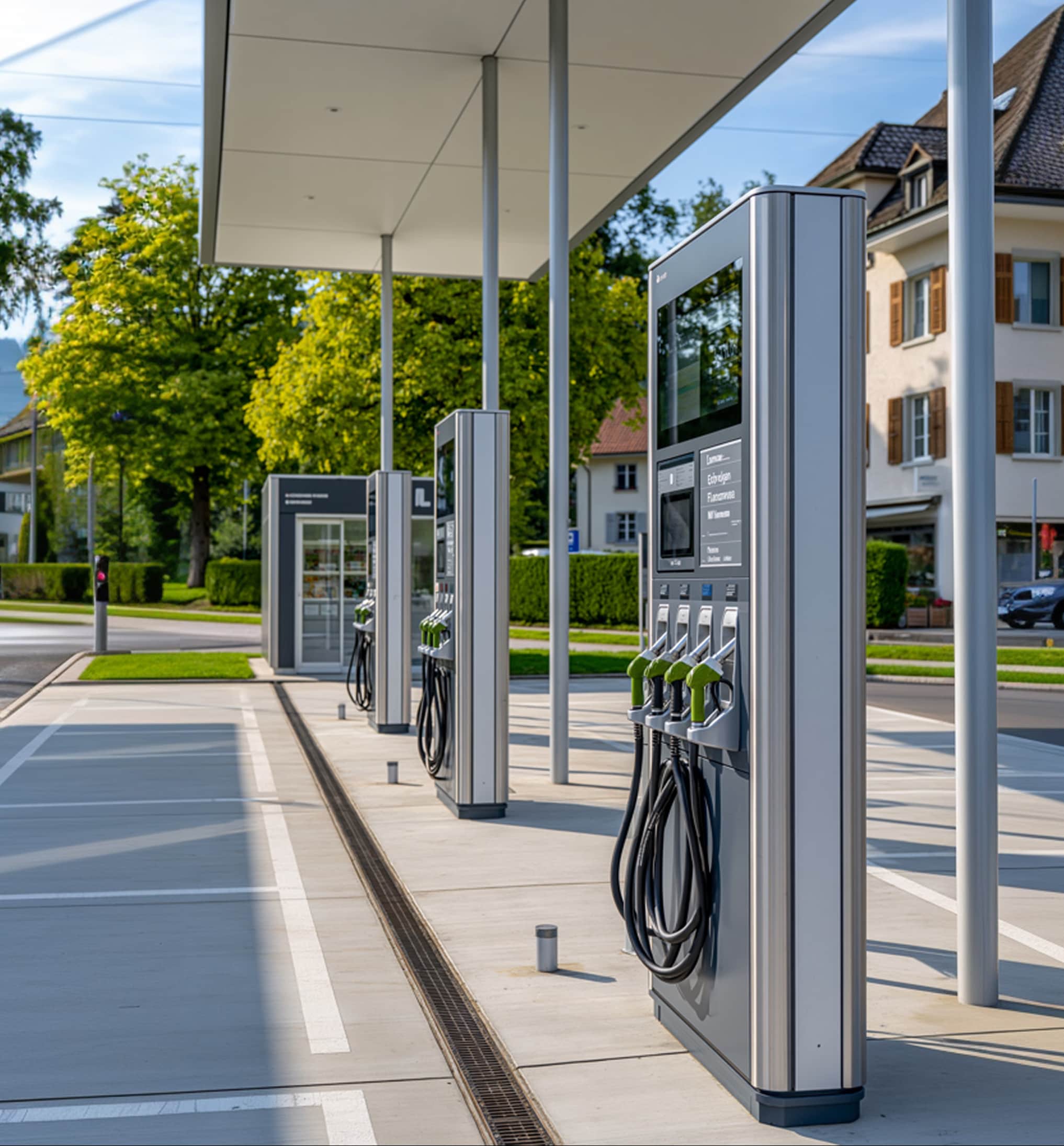 Elektrofahrzeug lädt an einer Ladestation in der Stadt