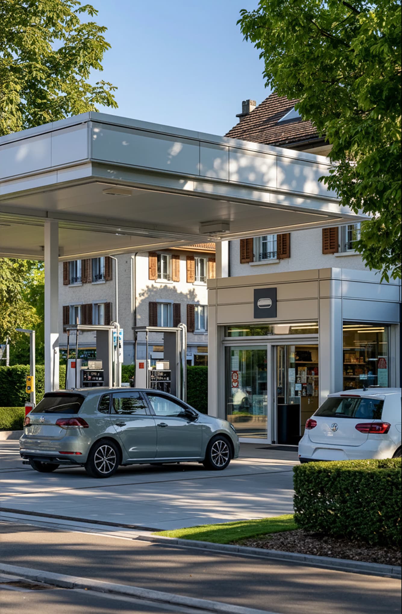 Freie Tankstelle mit Fahrzeugen an den Zapfsäulen