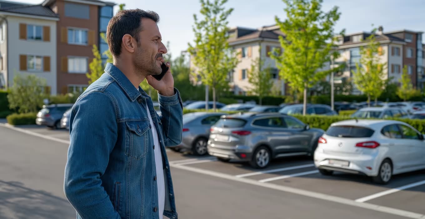 Mann in Jeansjacke telefoniert auf dem Parkplatz einer Wohnsiedlung mit geparkten Autos