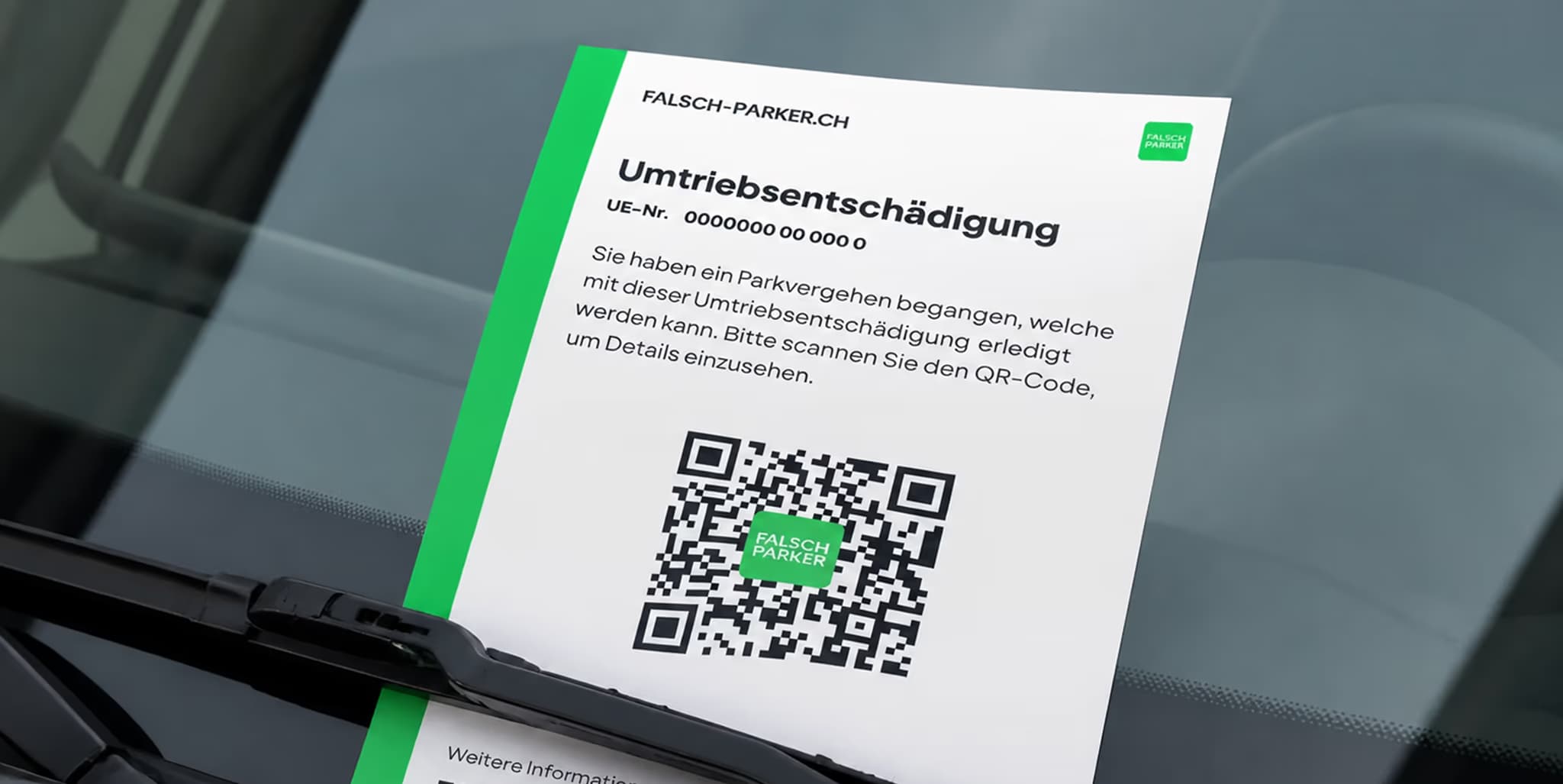 Umtriebsentschädigung von falsch-parker.ch unter dem Scheibenwischer eines Fahrzeugs