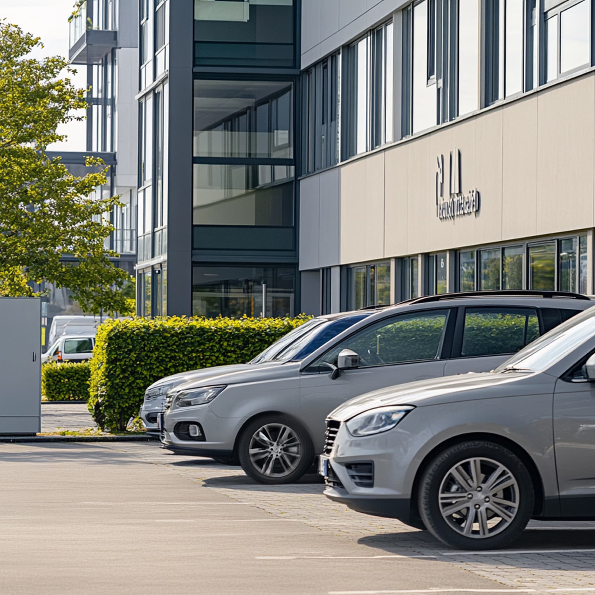 Company car park in front of a commercial building with several vehicles