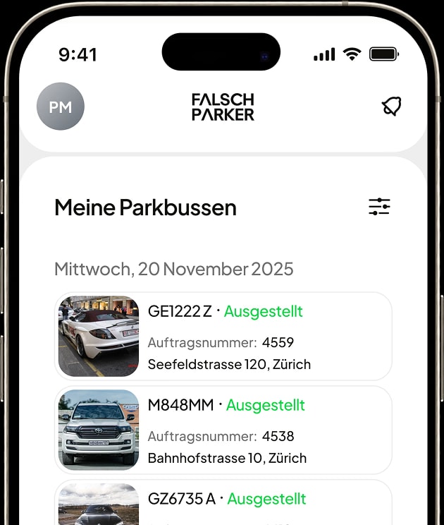 FalschParker App: Übersicht der gemeldeten Fälle und Ticketmeldungen