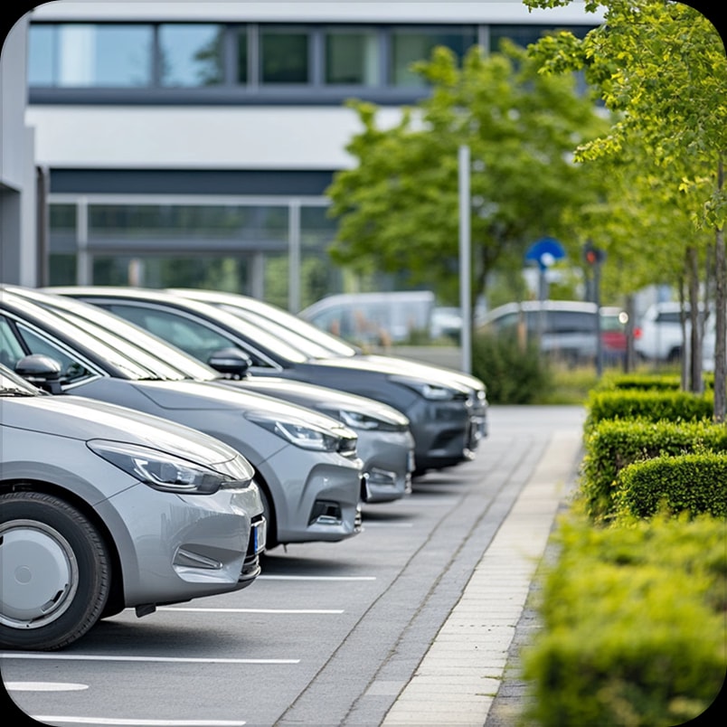 Gut gefüllter Parkplatz vor einem modernen Gebäude