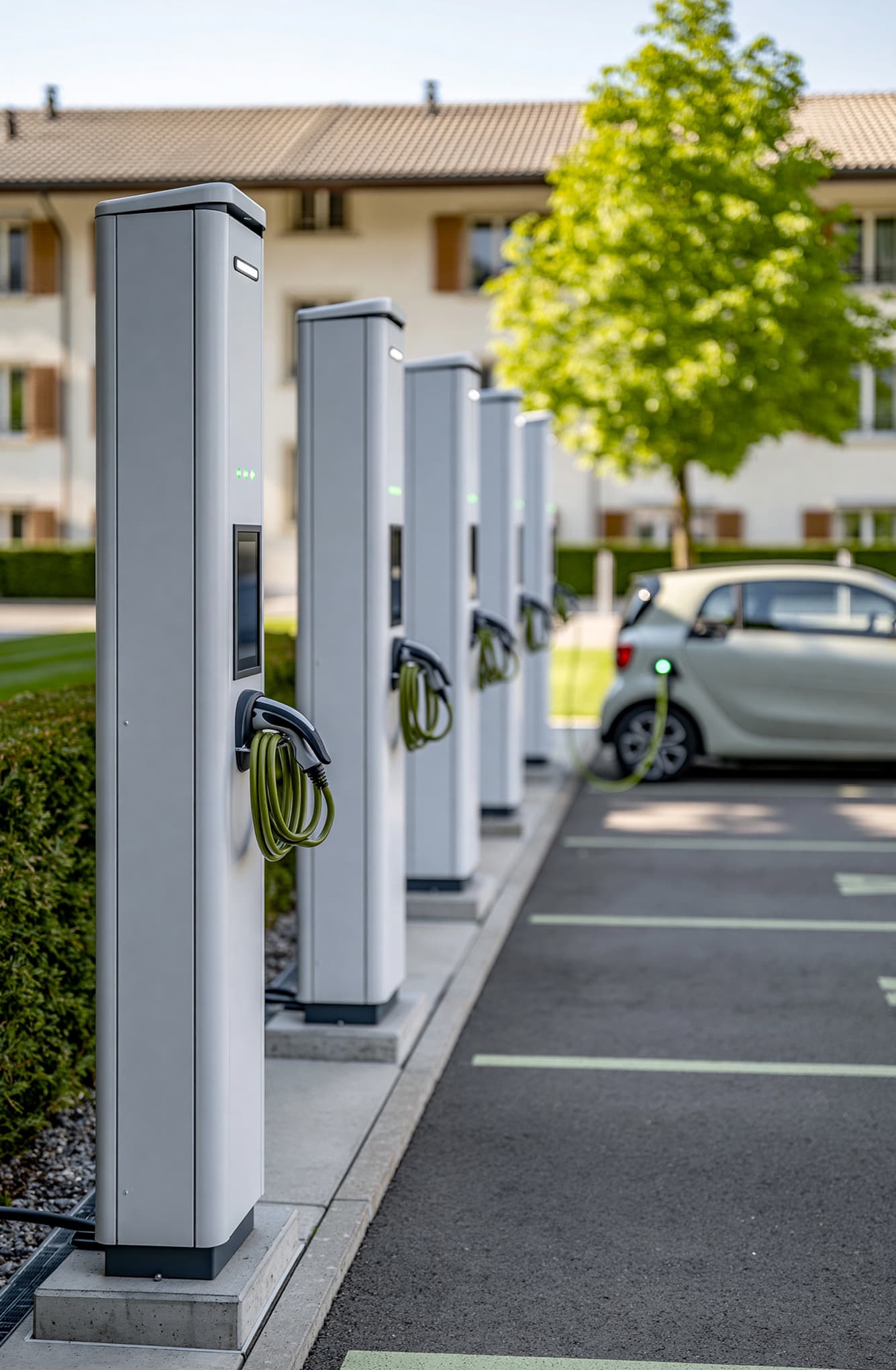 Zugeparkte E-Ladestationen auf einem Parkplatz