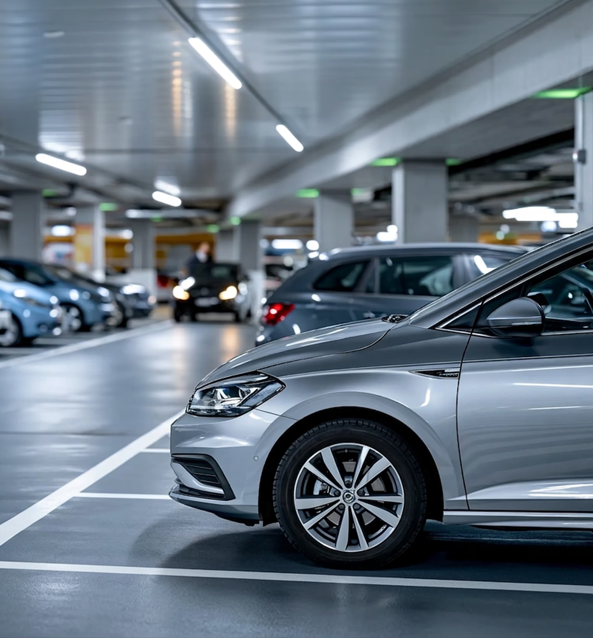 Beleuchtete Tiefgarage mit parkierten Fahrzeugen