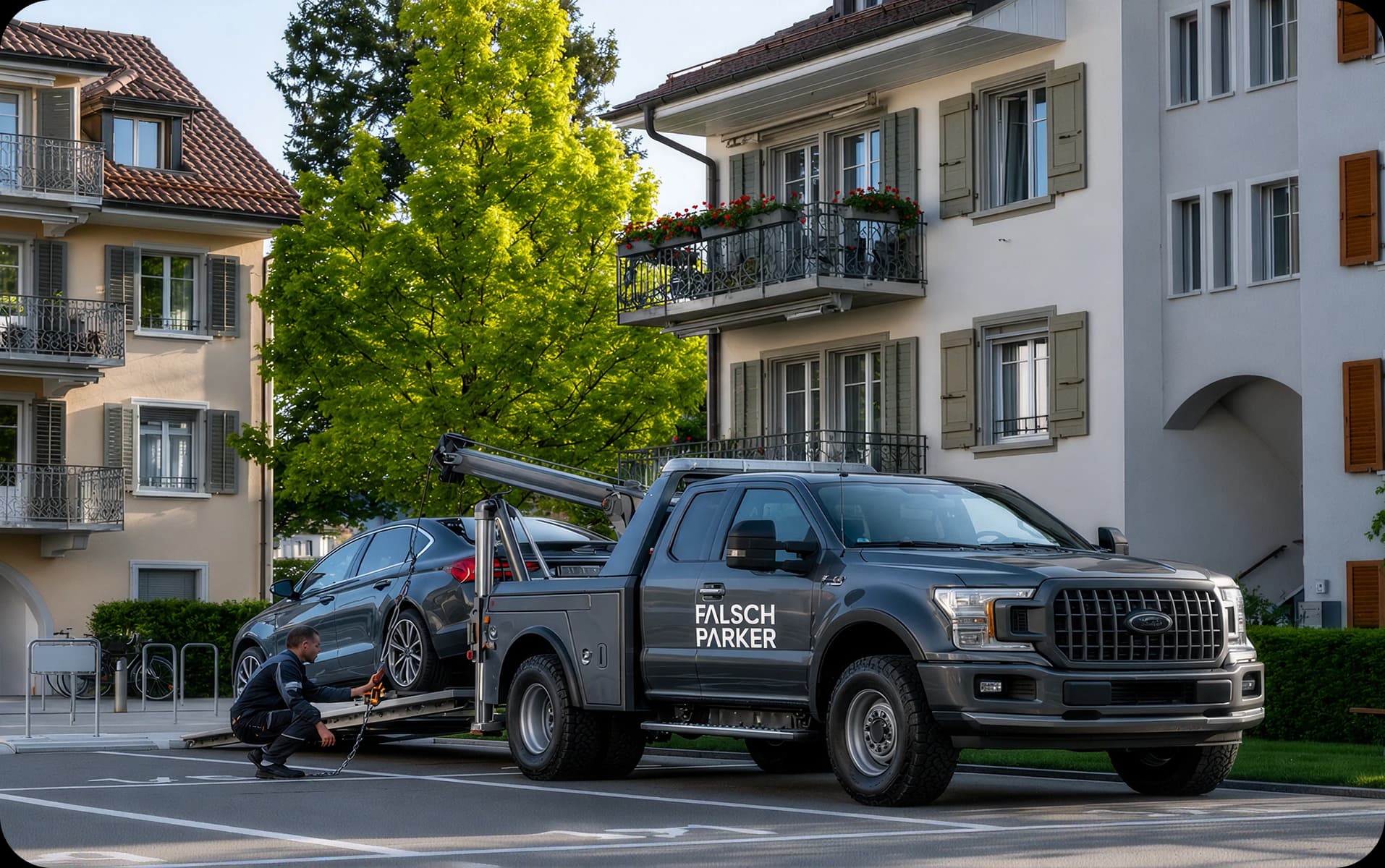 Tow truck loading a vehicle in front of an apartment building
